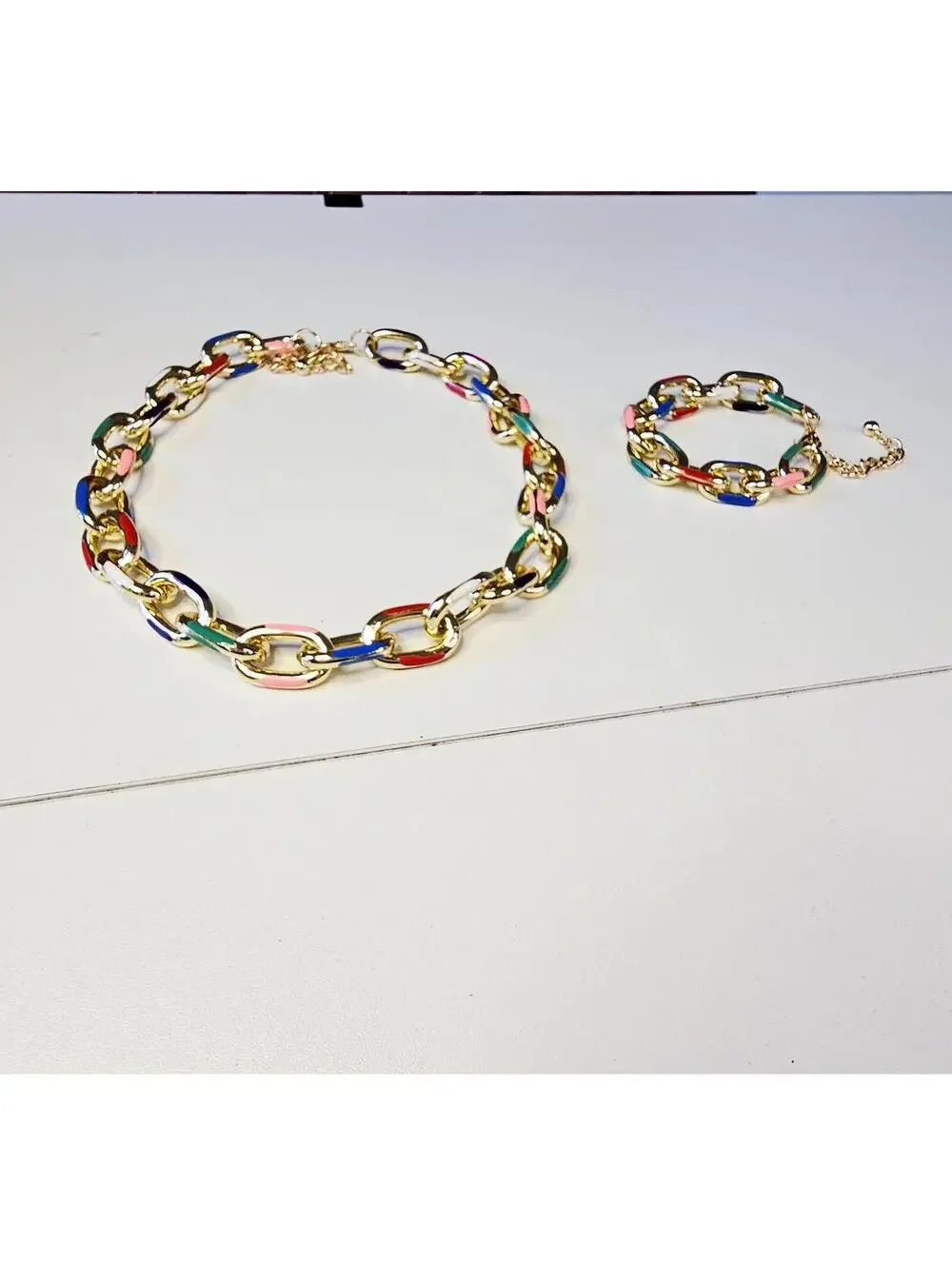 Gold-plated Multicolor Enamel Necklace And Bracelet Set Adjustable Lightweight - Picture 4 of 6